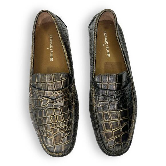 Donald J Pliner Men\'s Vinco 3 Penny Driving Loafer 8 Brown Bronze Croc Embossed main image 8